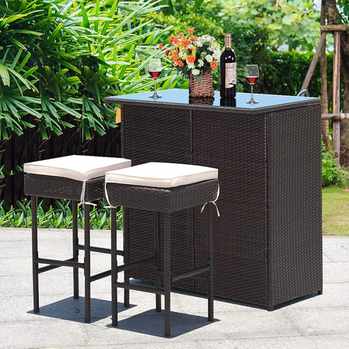 Tangkula Patio Bar Set, 3 Piece Outdoor Rattan Wicker Bar Set - Image 3