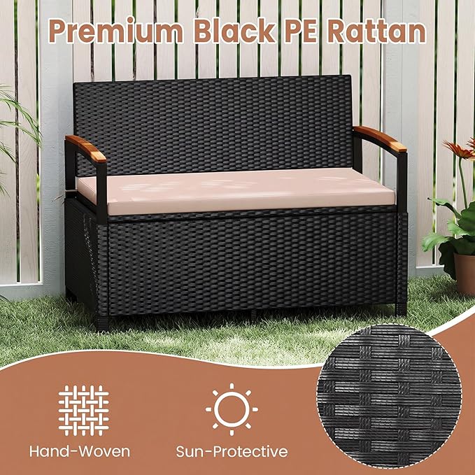 RELAX4LIFE Wicker Outdoor Storage Bench, Rattan Deck Box w/Protective Liner - Image 3