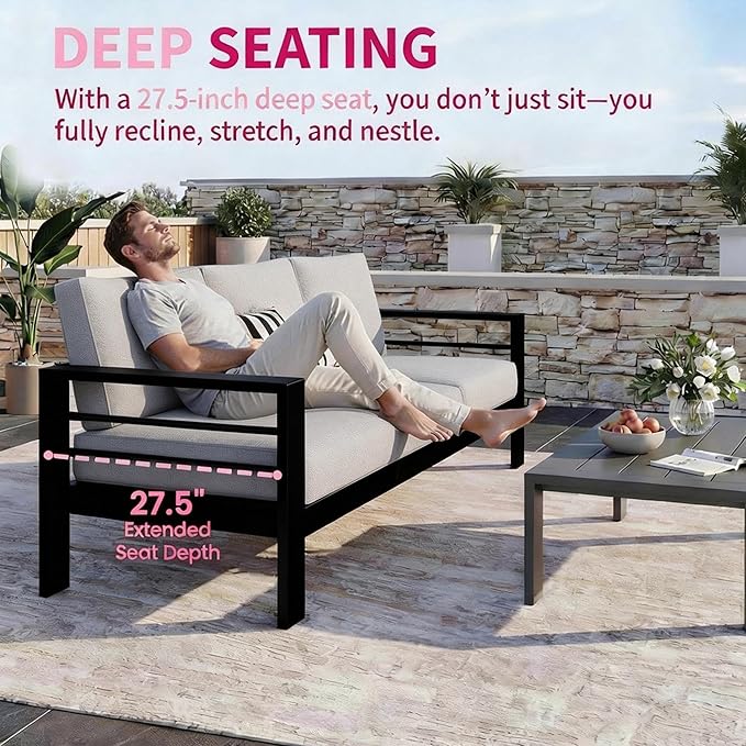 Kiss the Water Outdoor Couch Aluminum Patio Furniture Sofa, 3 Seat All-Weather - Image 5