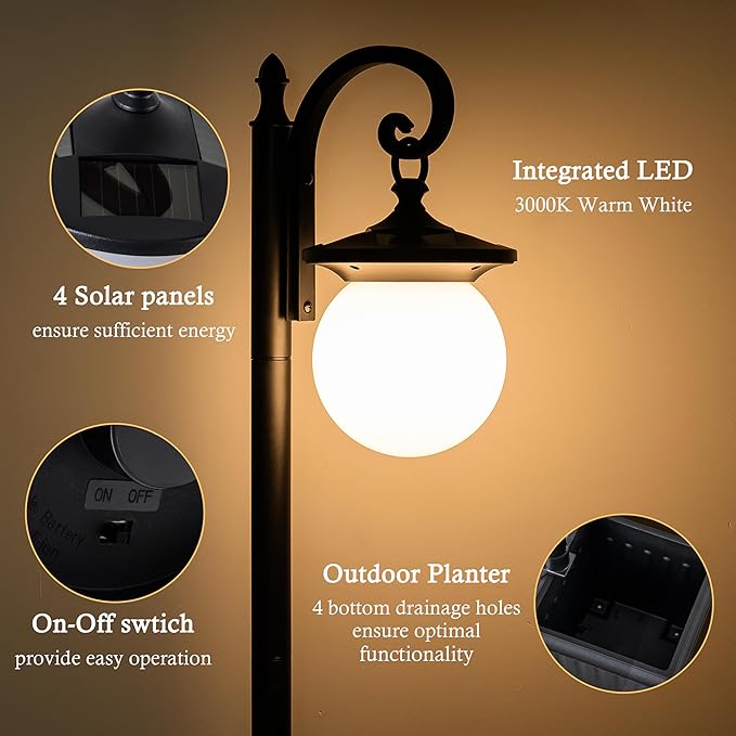 Outdoor Post Light with Planter, Matte Black Solar Lamp Post Light with Globe - Image 3