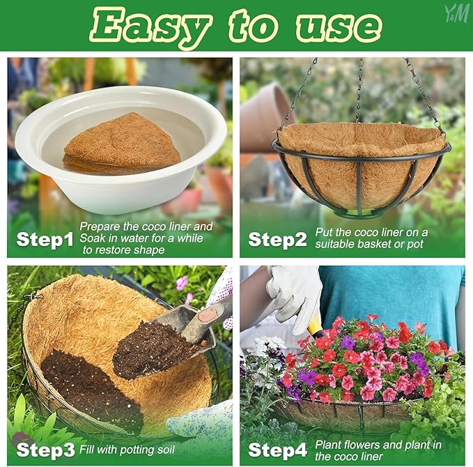 Y&M Pack of 2 12" Pre-Formed Round Coco Fiber Hanging Basket Liner, Coco - Image 3