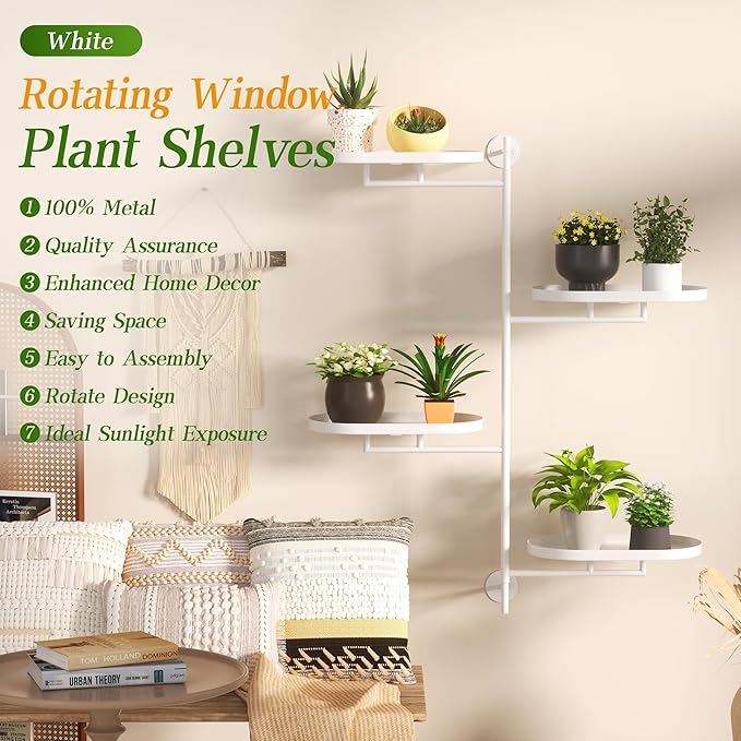 Window Rotating Plant Stand Shelf Indoor White Metal Floating Shelves 4-Tier - Image 6