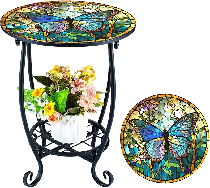 Outdoor Side Table Round Small Mosaic Patio Accent Indoor End Plant Coffee Tea by Cinnvoice