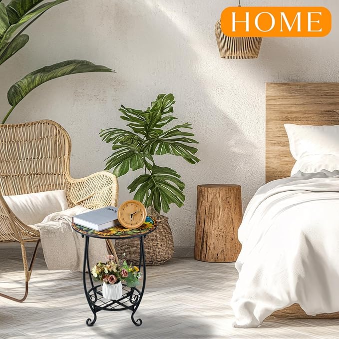Outdoor Side Table Round Small Mosaic Patio Accent Indoor End Plant Coffee Tea - Image 6