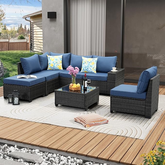 7 Pieces Patio Furniture Set All-Weather Outdoor Wicker Sectional Conversation by JOYURE