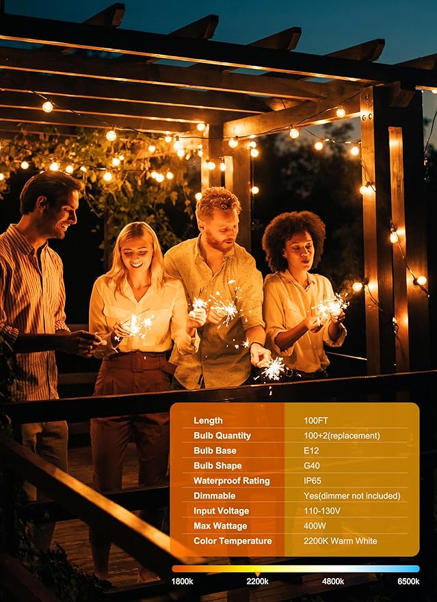 Brightown Outdoor String Lights, 100FT 100+2 G40 Bulbs Shatterproof Patio Lights - Image 2