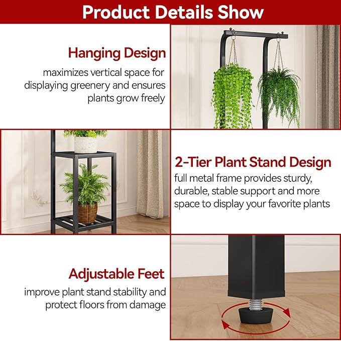 IBUYKE 67 Inch Tall Plant Stand Indoor Outdoor, 3 Tier Metal Hanging Plant Shelf - Image 3