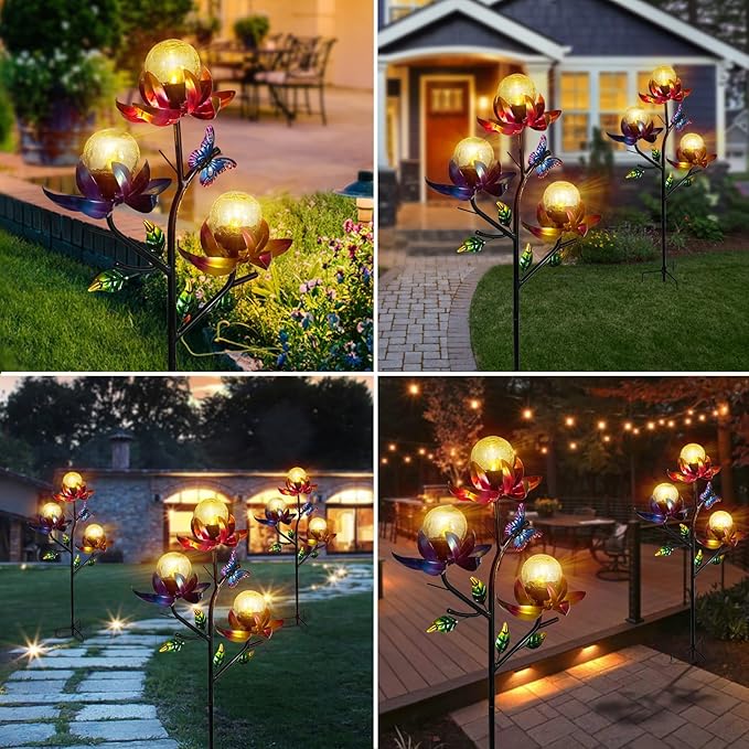 Solar Lights Outdoor Decorative Lotus Flowers Wind Spinner Garden Stake - Image 3