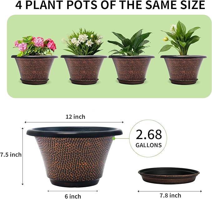 Quarut 12 Inch Pots for Plants, 4 Pack Large Flower Pots - Image 5