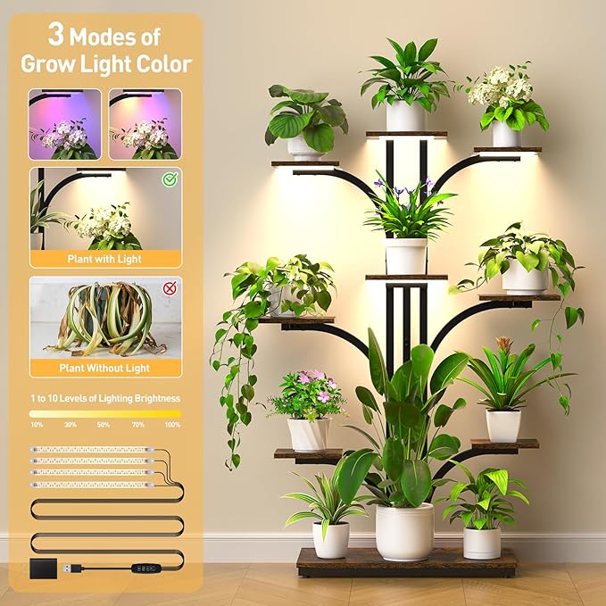 ikkle Plant Stand Indoor with Grow Lights, 9 Tiered Corner Plant Shelves - Image 4