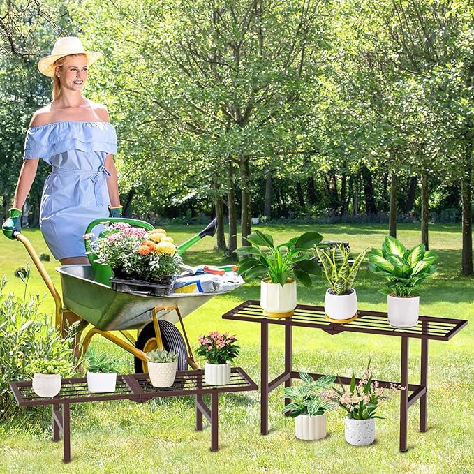 2 Tier Plant Stand Indoor Outdoor, Foldable Metal Separated Ladder Plant Stands - Image 5