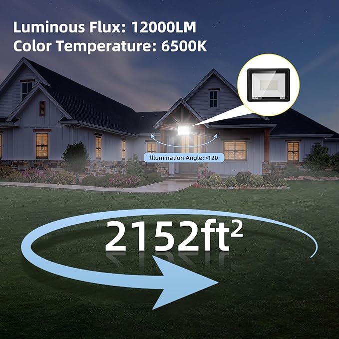 100W Flood Lights Outdoor, 12000LM Bright LED Work Light, IP66 Waterproof - Image 4