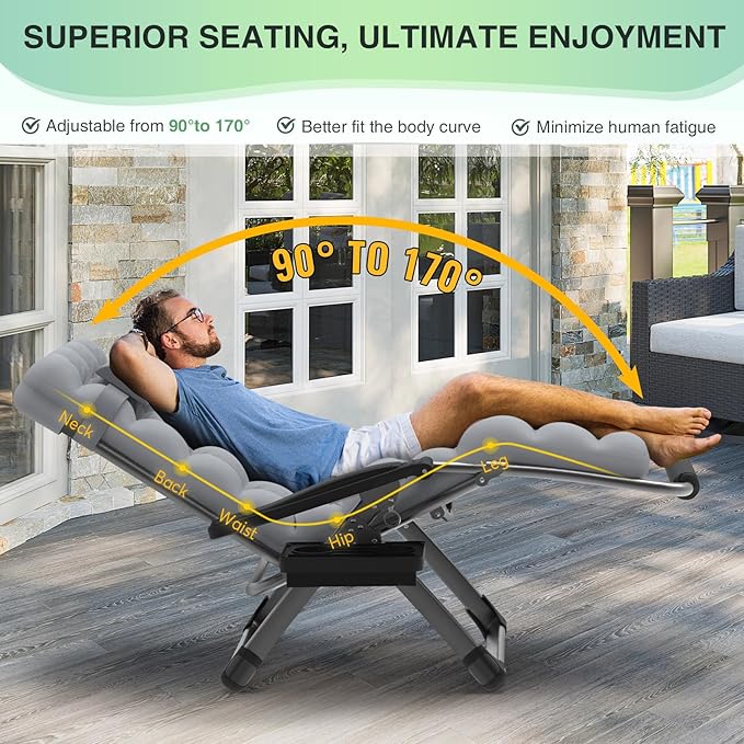 Suteck Oversized Zero Gravity Chair, 33In XXL Lounge Chair w/Removable - Image 5