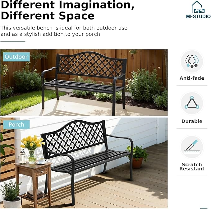 MFSTUDIO 50" Black Outdoor Metal Garden Bench, Cast Iron Frame Patio Furniture - Image 4
