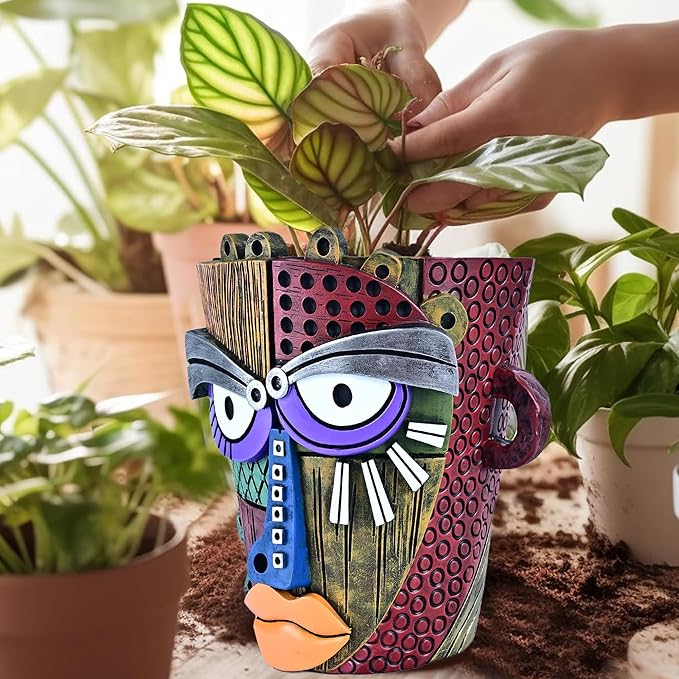 Abstract Face Planter Pots for Plants, Hand-Painted Colorful Flower Pots - Image 2