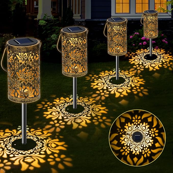4 Pack Solar Pathway Lights Lights Outdoor, LED Solar Lantern Bright Metal by MMHFSolarLightsOutdoor
