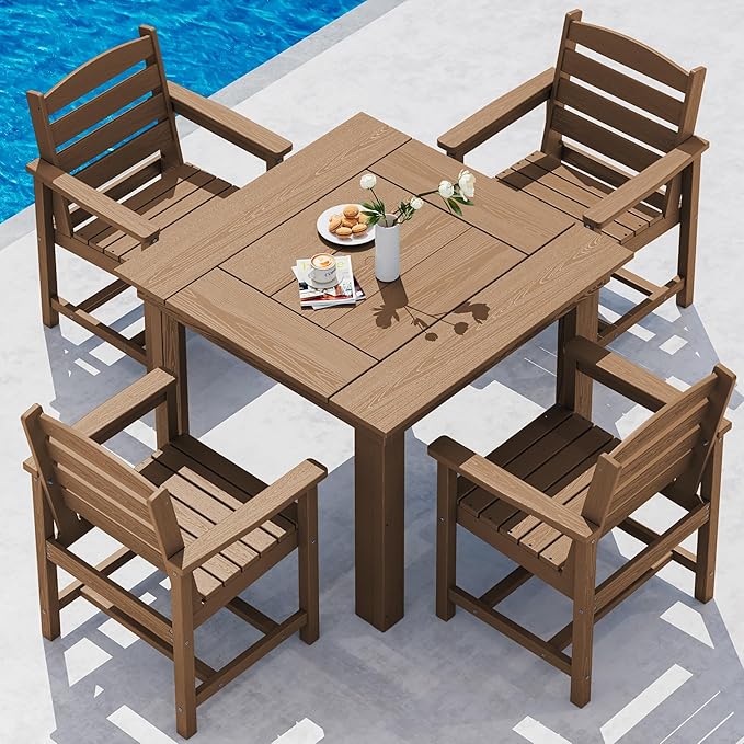 SERWALL Outdoor Dining Set for 4, HDPE Square Table and Chairs Set All Weather by SERWALL