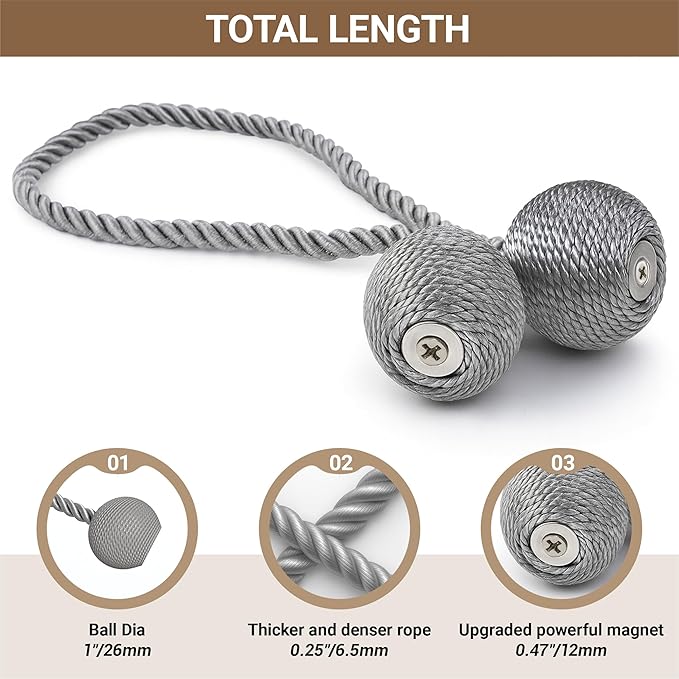 Hion Magnetic Curtain Tiebacks Grey 2pcs, Curtain Tiebacks Buckles Holdbacks - Image 2