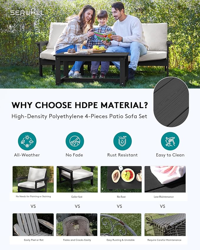 SERWALL HDPE Patio Sofa Set, 4-piece Sectional Outdoor Furniture Set, All - Image 3