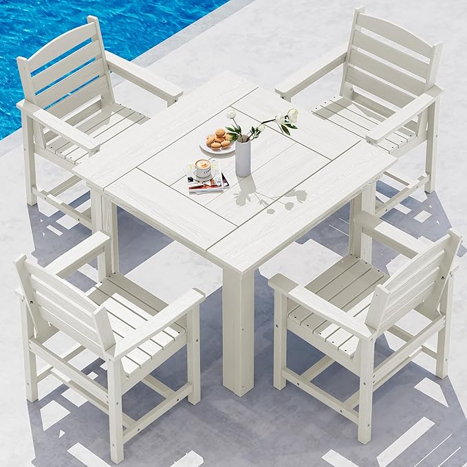 SERWALL Outdoor Dining Set for 4, HDPE Square Table and Chairs Set All Weather by SERWALL