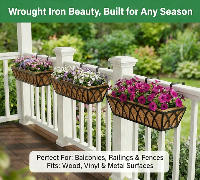 Y&M 24 Inch Fence Metal Hanging Flower Planter Window Basket Deck Railing - Image 8