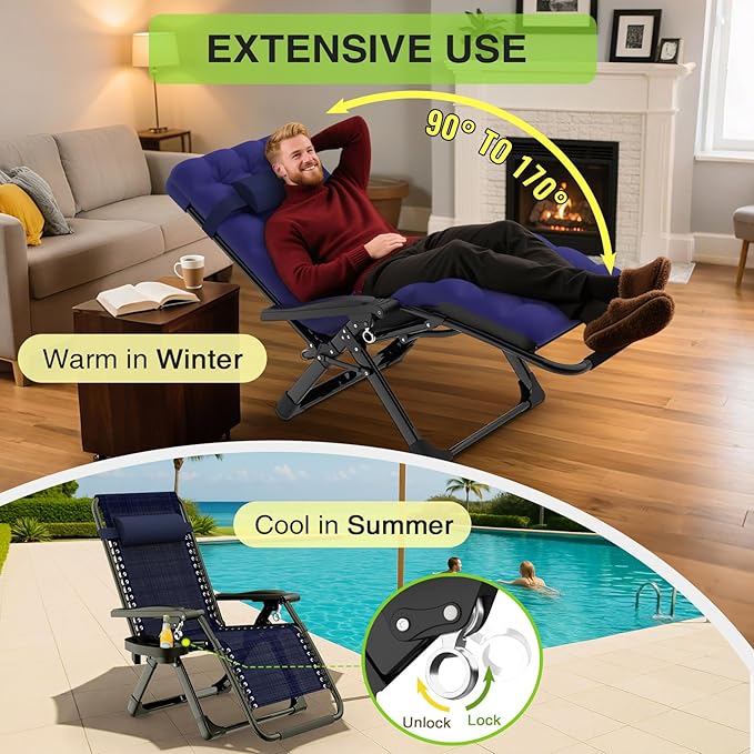 Suteck Zero Gravity Chair, Reclining Camping Lounge Chair w/Removable Cushion - Image 3