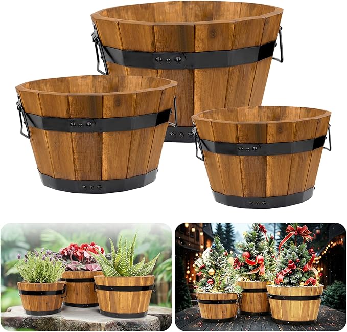 Idzo Set of 3 Wooden Flower Boxes Outdoor, Durable Acacia Wood Barrel Planters by Idzo