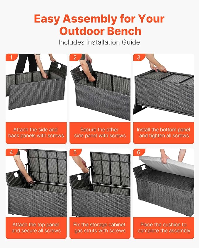 VEVOR Outdoor Storage Bench, 2-Person PE Rattan Storage Bench, 40 Gal Deck Box - Image 7