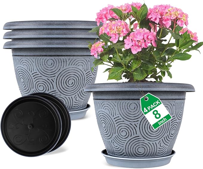 8 Inch Flower Pots Planters for Indoor Outdoor Plants, 4 Pack Plastic Small by Fodetyff