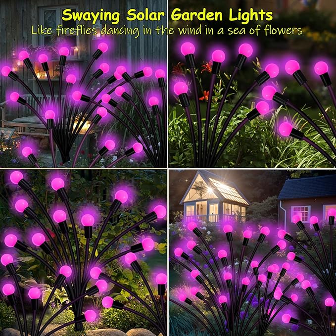 Kohlrabi Solar Garden Lights Outdoor, 2 Pack 20 LED Solar Pink Firefly Lights - Image 3