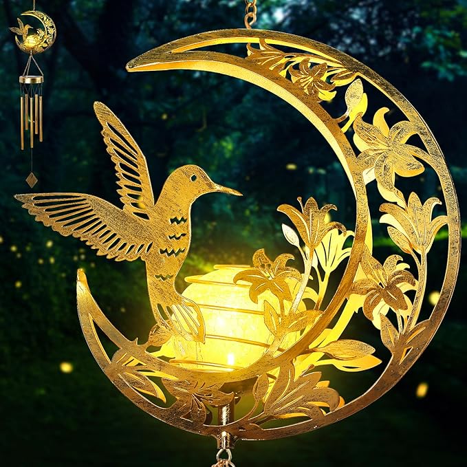 Moon Hummingbird Wind Chime Outdoor, Handcrafted Metal Garden Wind Chimes - Image 8