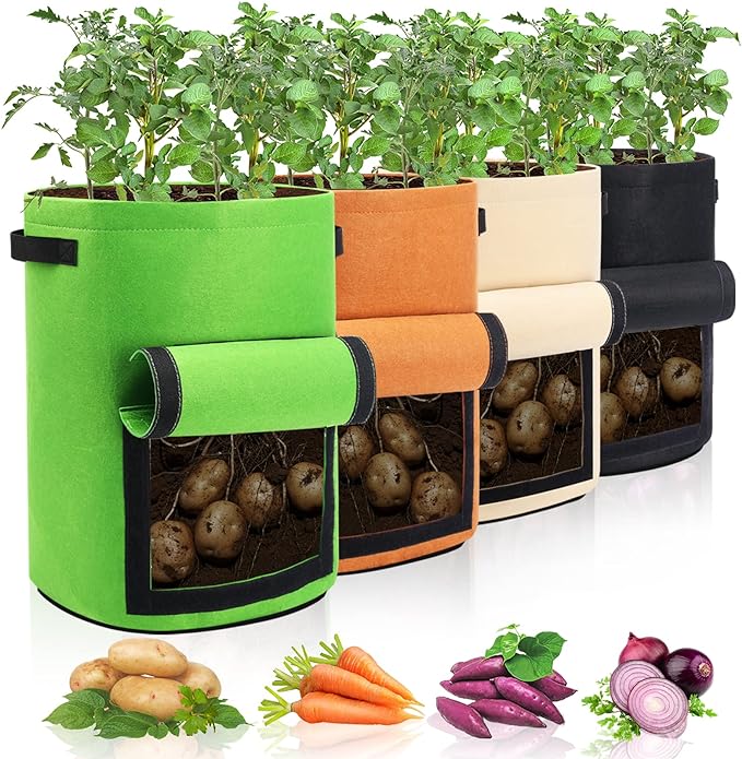 4 Pack Potato Growing Bag with Flap 10 Gallon Planter Pots with Handles and by Homyhoo