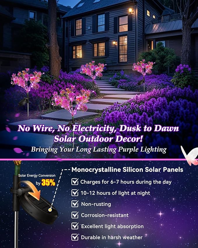 Neporal Solar Garden Lights, 6PK Purple Phalaenopsis Solar Flowers Outdoor - Image 3