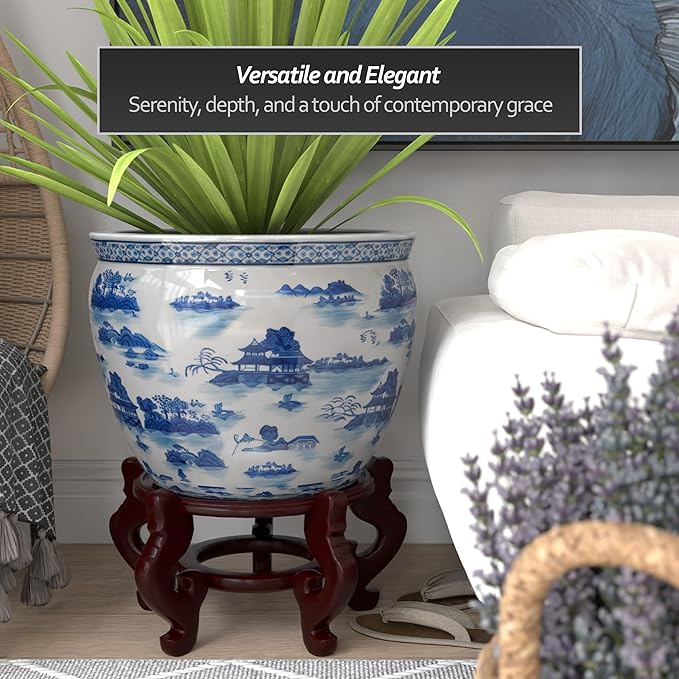 Red Lantern 20" Porcelain Fishbowl Blue & White Landscape Planter - Image 3