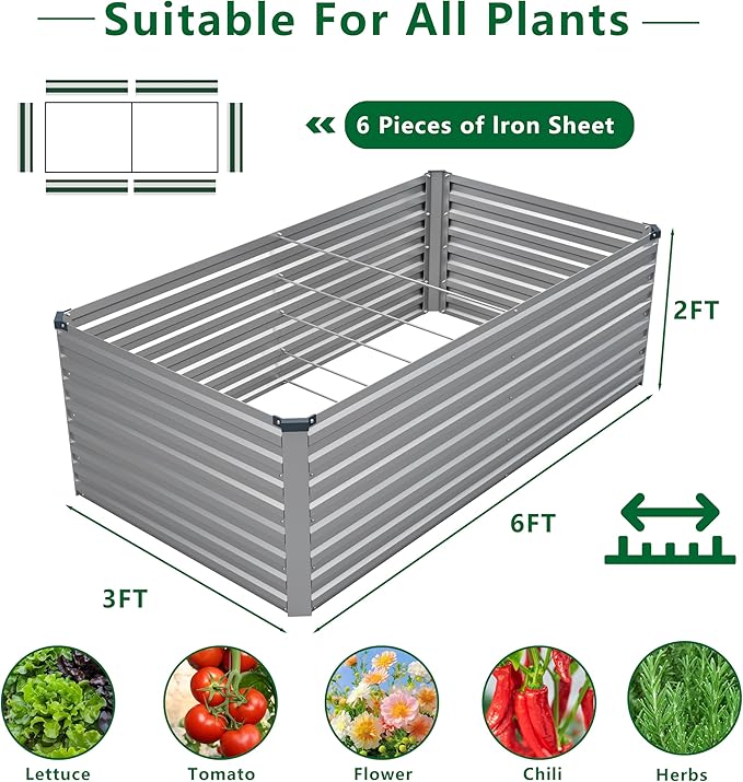 6x3x2FT Galvanized Raised Garden Bed Kit, Vegetable Plant Boxes-Rectangle Metal - Image 2