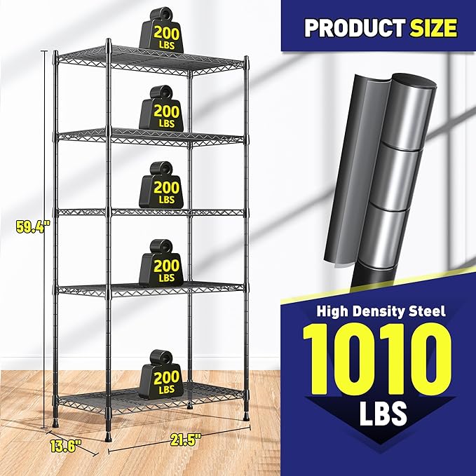 5-Tier Shelf 1010LBS Storage Shelves Adjustable Wire Shelving Metal Shelving - Image 3