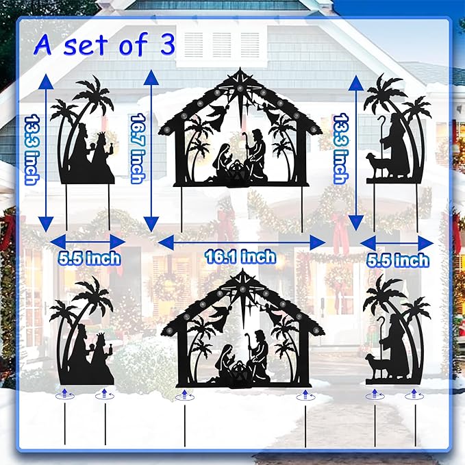 3Pack Lighted Metal Nativity Scene Garden Stake, Solar Christmas Decorations - Image 2