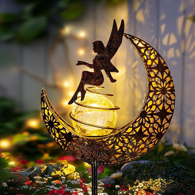 Fairy Garden Solar Lights Outdoor Moon Stakes, Waterproof Outdoor Metal Decor by Suncket