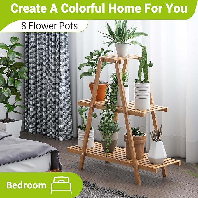 BMOSU Plant Stand Bamboo for Indoor Outdoor Tiered Plant Shelf 8 Potted Flower - Image 4