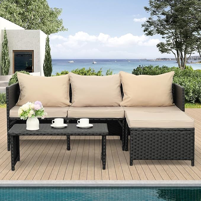 Valita 3-Piece Outdoor PE Rattan Furniture Set Patio Black Wicker Conversation - Image 2
