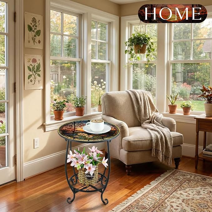 Outdoor Side Table Round Small Mosaic Patio Accent Indoor End Plant Coffee Tea - Image 8