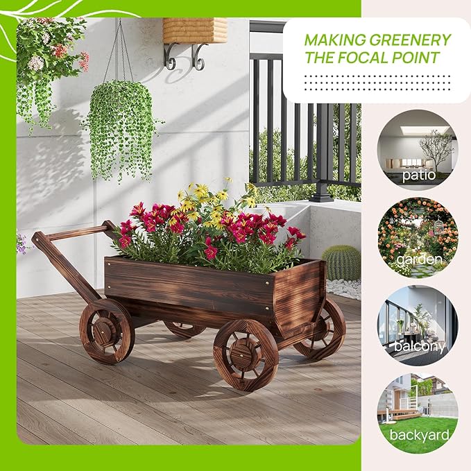 Wooden Flower Cart with Wheels Wooden Wagon Planter Outdoor Garden Planter - Image 4