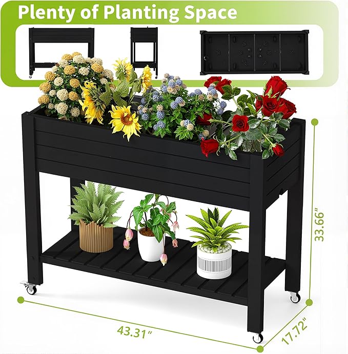Raised Garden Bed with Legs, 33.66" Tall Self-Watering Resin Planter Box with - Image 2