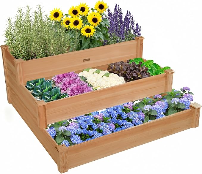 3-Tier Raised Garden Bed with Fabric Liner, Wood Elevated Planter Box with by ZSYWODFO