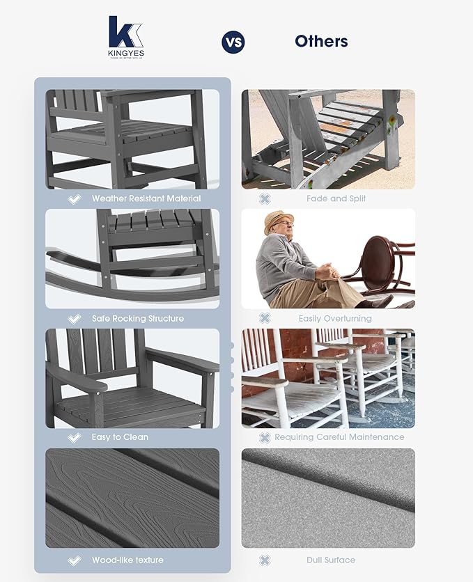 KINGYES HDPE Outdoor Rocking Chair, Widened Seat Patio Rocking Chair, Oversized - Image 6