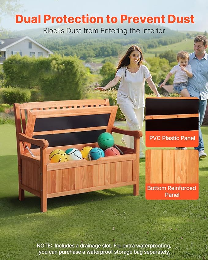 VEVOR Outdoor Storage Bench, 2-Person Wooden Storage Bench, 33 Gallons Deck Box - Image 6