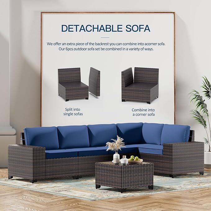 Kullavik 6PCS Outdoor Patio Furniture Set PE Wicker Rattan Sectional Sofa Patio - Image 5