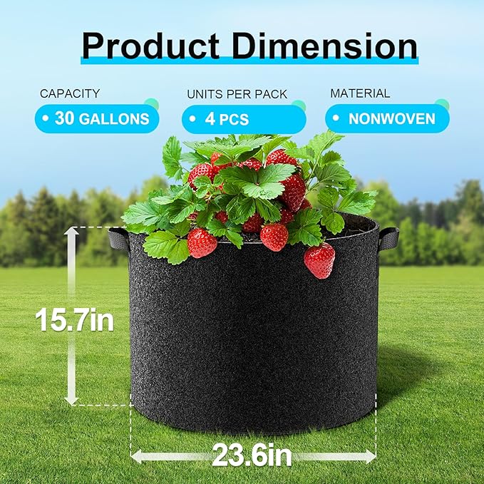 Land Guard 4-Pack Fabric Grow Bags 30 Gallon, Thickened Nonwoven Garden Pots - Image 2