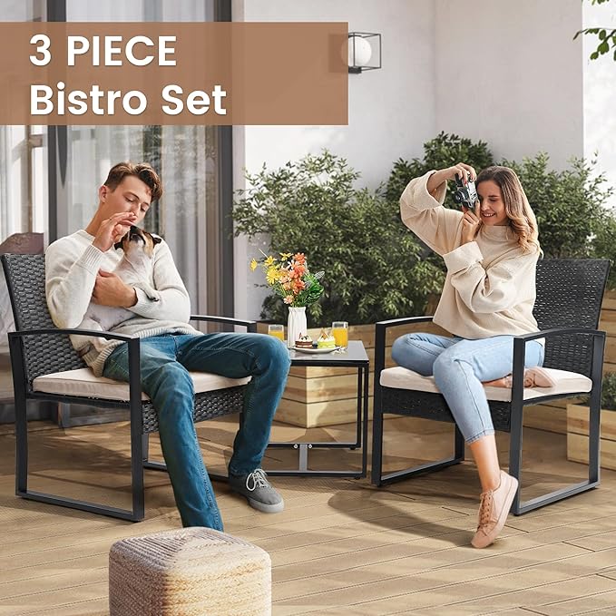 3 Piece Wicker Patio Bistro Set, Rattan Conversation Set - Image 3