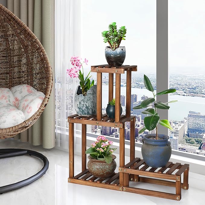 Wood Plant Stand Indoor Outdoor 4 Tiers Plant Rack Corner Planter Shelf Flower - Image 4